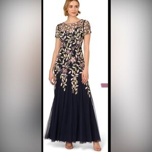 Adrianna Papell Navy Maxi Dress with Pink and Green Floral Embroidery